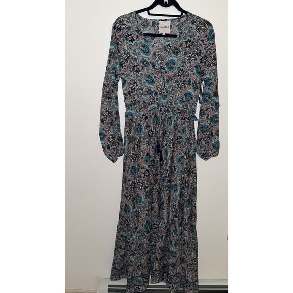 Masala Maxi dress W a blue and white floral V-neck Long-fit sleeves SZ L - Picture 3 of 15